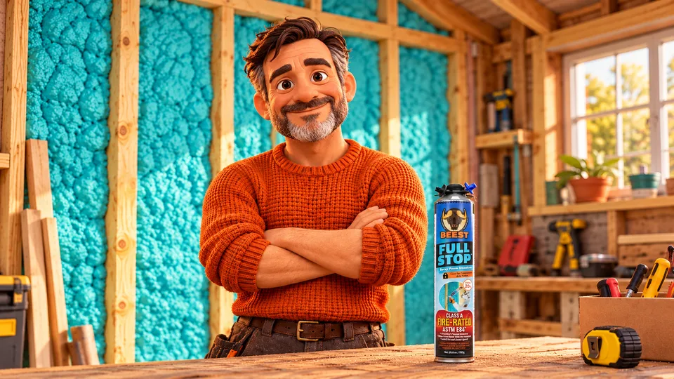BEEST's clay-style homeowner character standing with arms crossed beside a FullStop can in a foam-insulated workshop